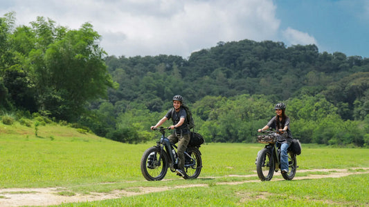 Two riders on Mokwheel fat-tire electric bikes crossing an open grassy field