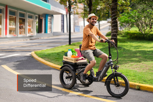 Folding three-wheel electric bike with speed differential for smoother and safer cornering
