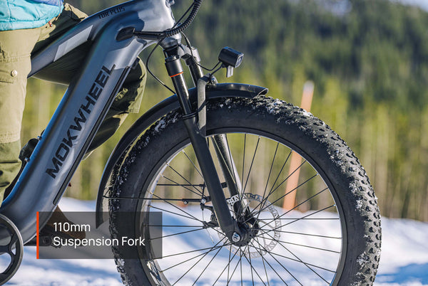 Mokwheel ebike with 110mm suspension fork for smooth, shock-absorbing rides